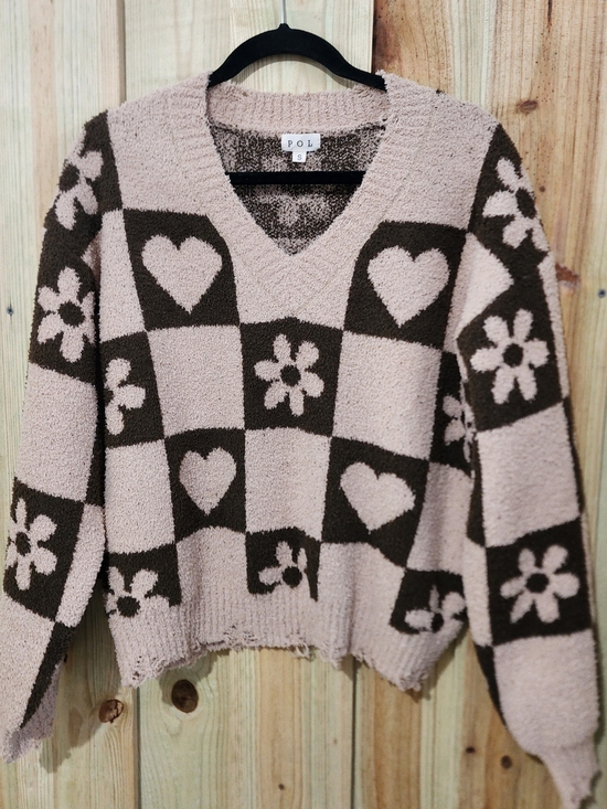POL Sweaters - POL Checkerboard Heart & Flower V-Neck Sweater
